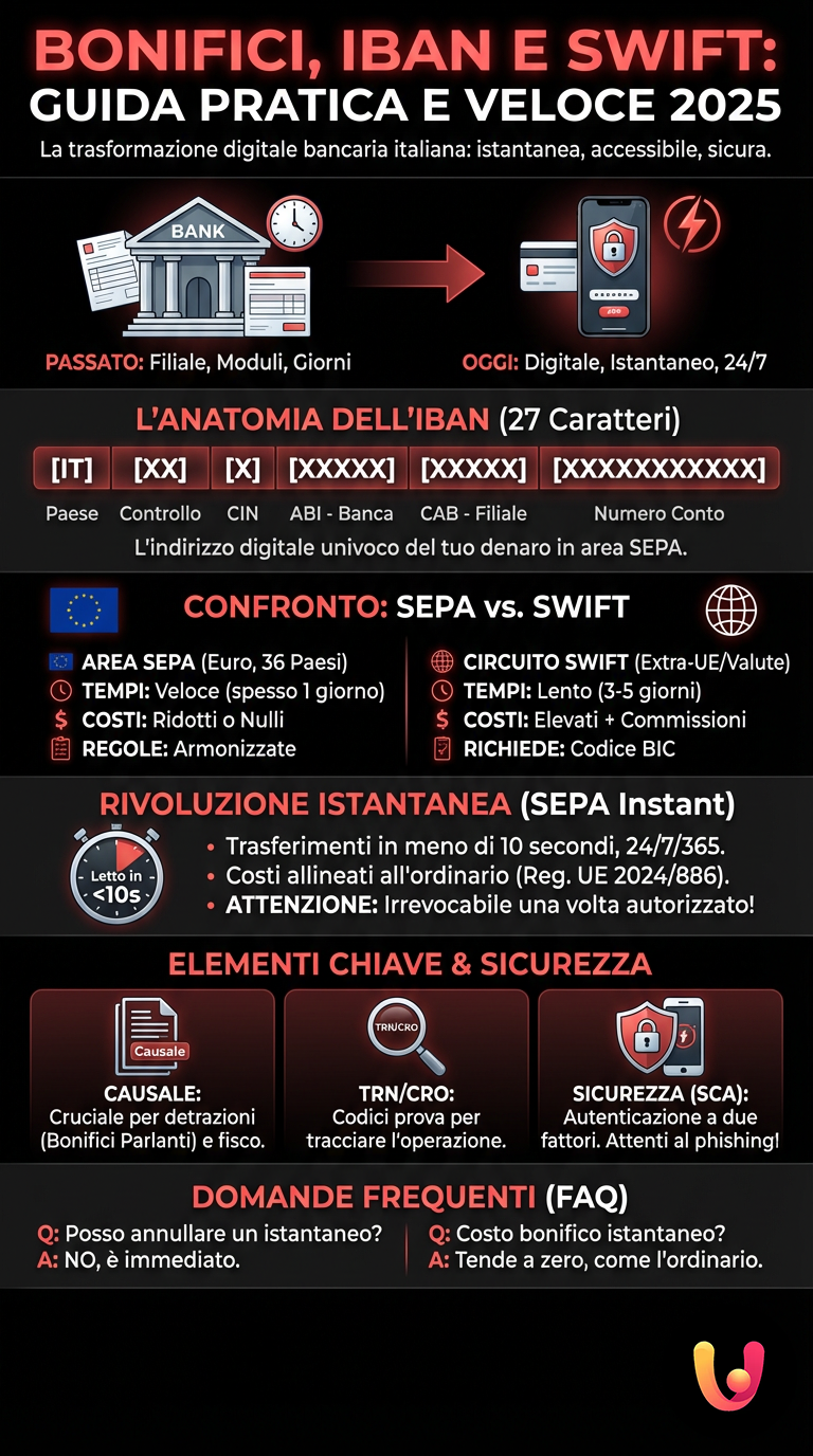 Bonifici, IBAN e SWIFT: Guida Pratica e Veloce 2025 - Infografica riassuntiva