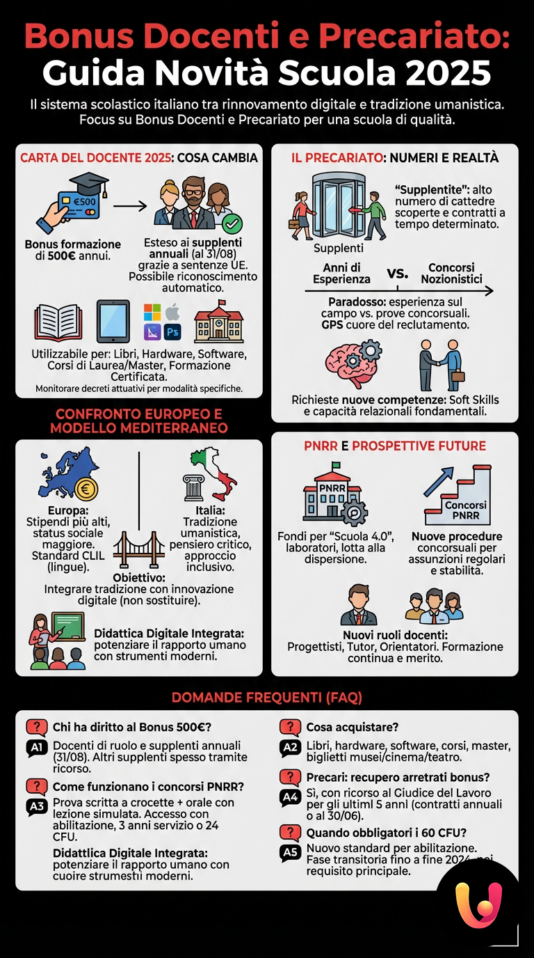 Bonus Docenti e Precariato: Guida Novit&agrave; Scuola 2025 - Infografica riassuntiva