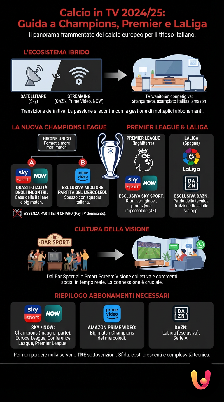 Calcio in TV 2024/25: Guida a Champions, Premier e LaLiga - Infografica riassuntiva