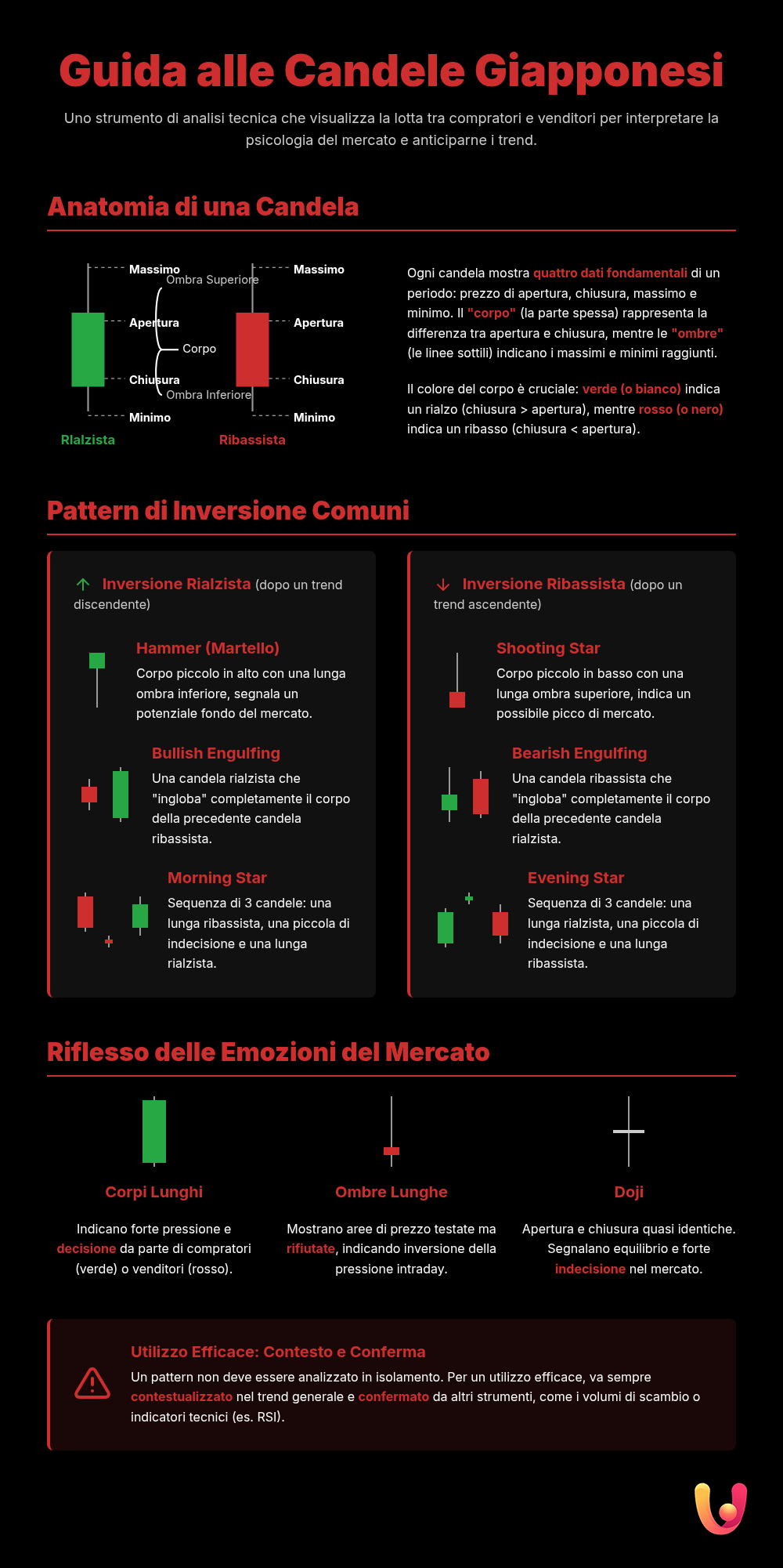 Candele Giapponesi: Guida per Prevedere i Trend di Mercato - Infografica riassuntiva