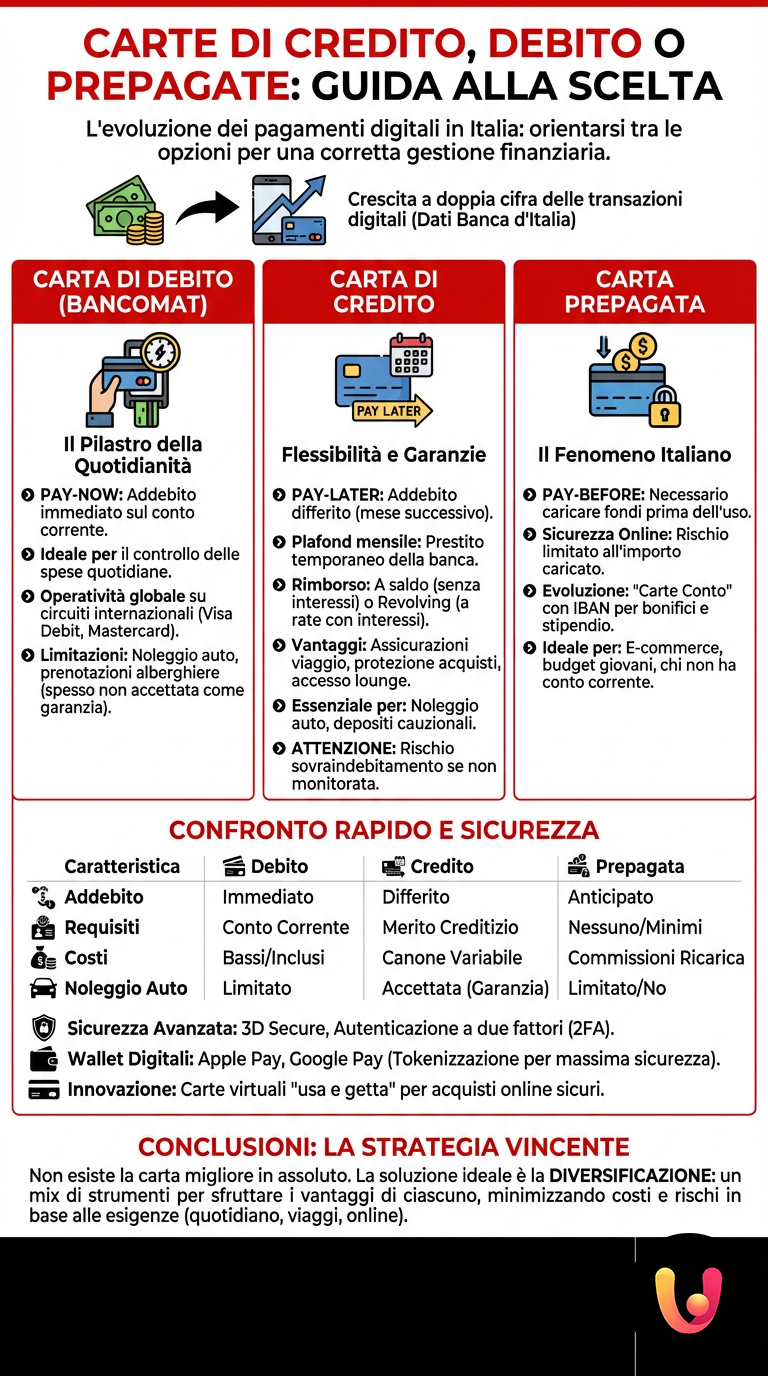 Carte di Credito, Debito o Prepagate: Guida alla Scelta - Infografica riassuntiva
