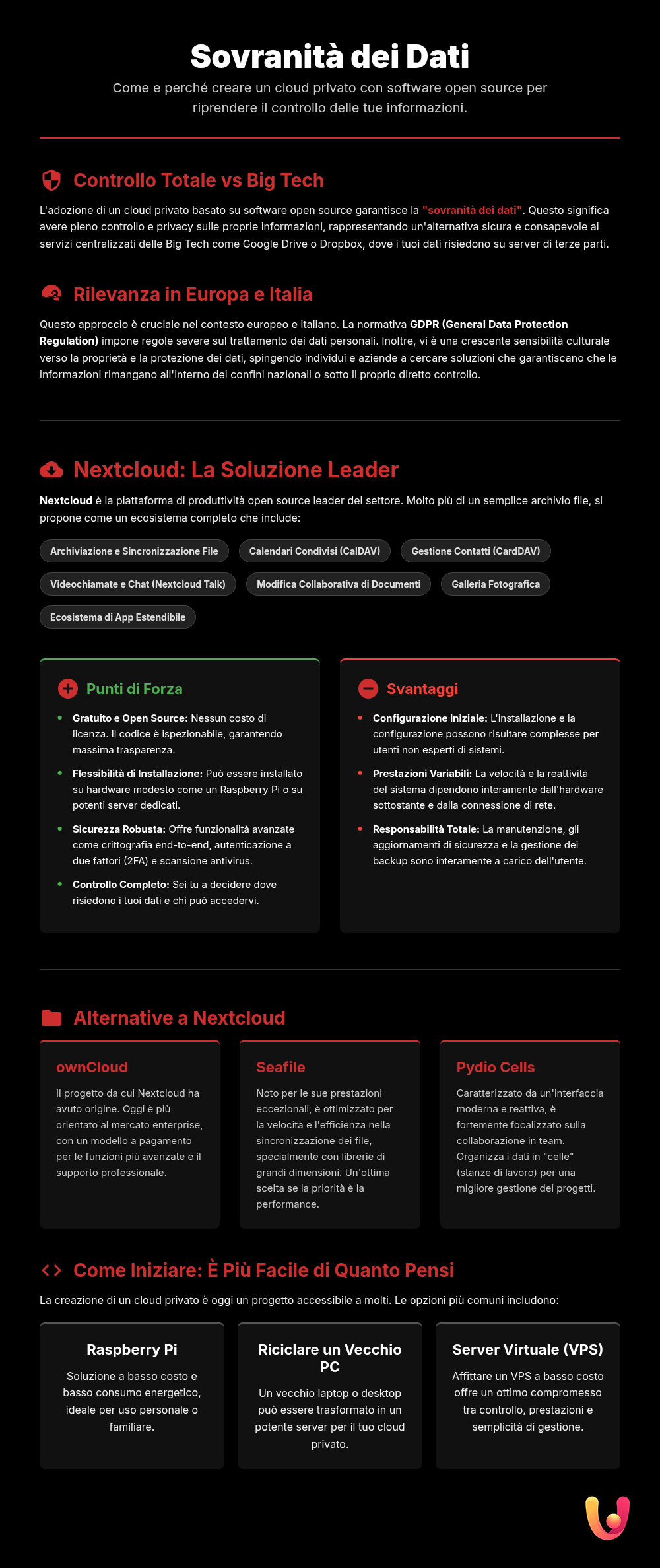 Cloud Privato: Nextcloud e Alternative Open Source - Infografica riassuntiva