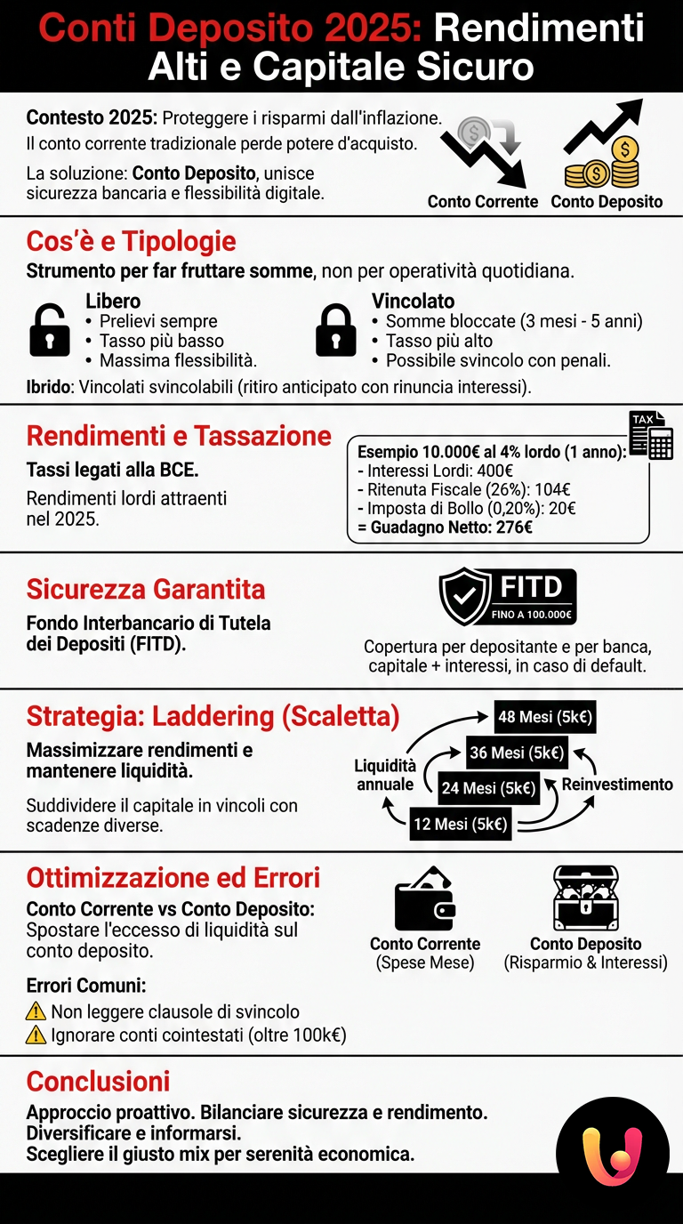 Conti Deposito 2025: Rendimenti Alti e Capitale Sicuro - Infografica riassuntiva