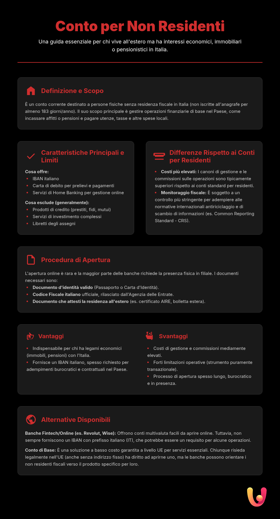 Non-resident account: costs, limits, and how to open one - Summary infographic