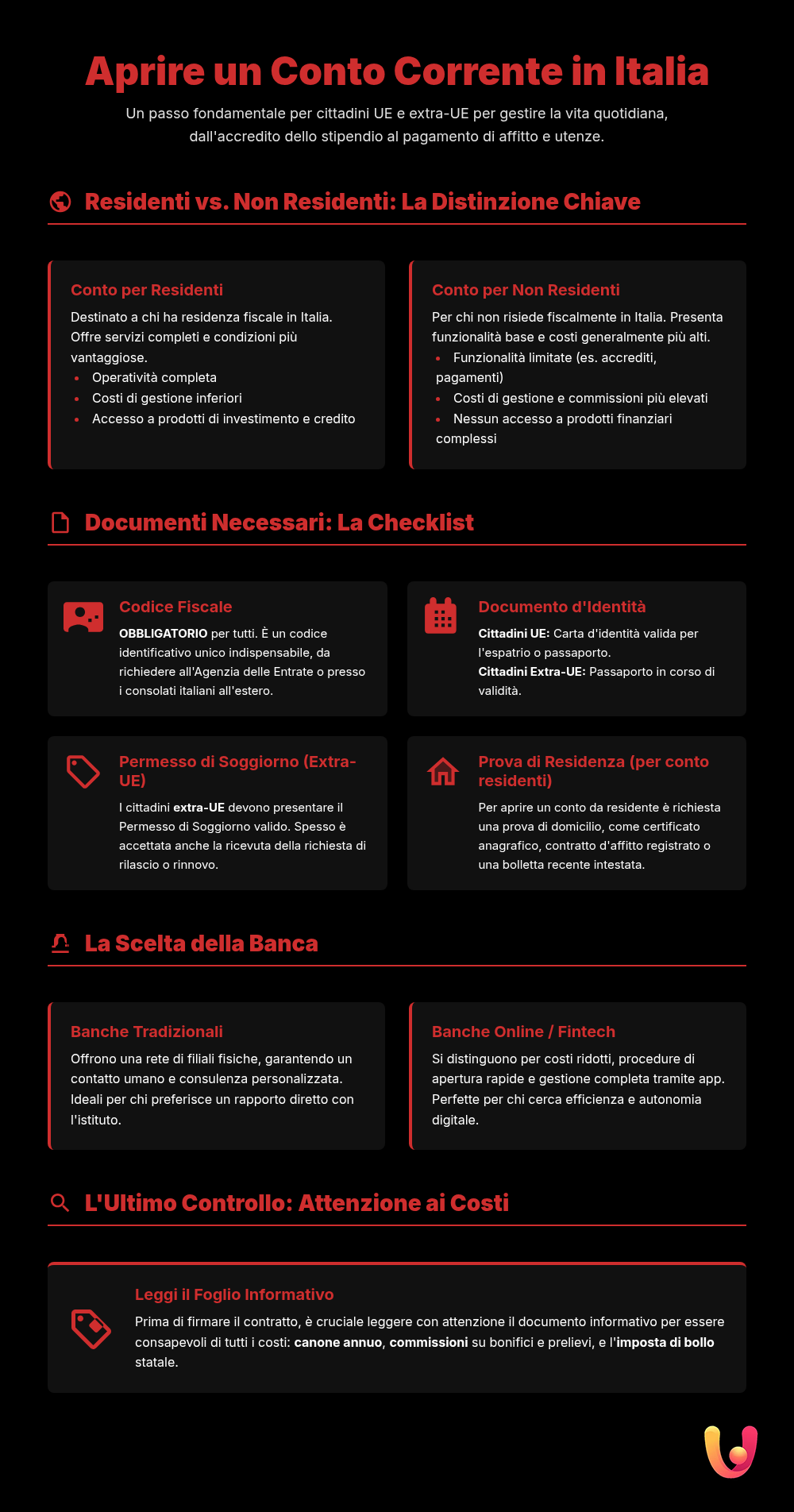 Bank Account for Foreigners in Italy: Documents and Complete Guide - Summary Infographic