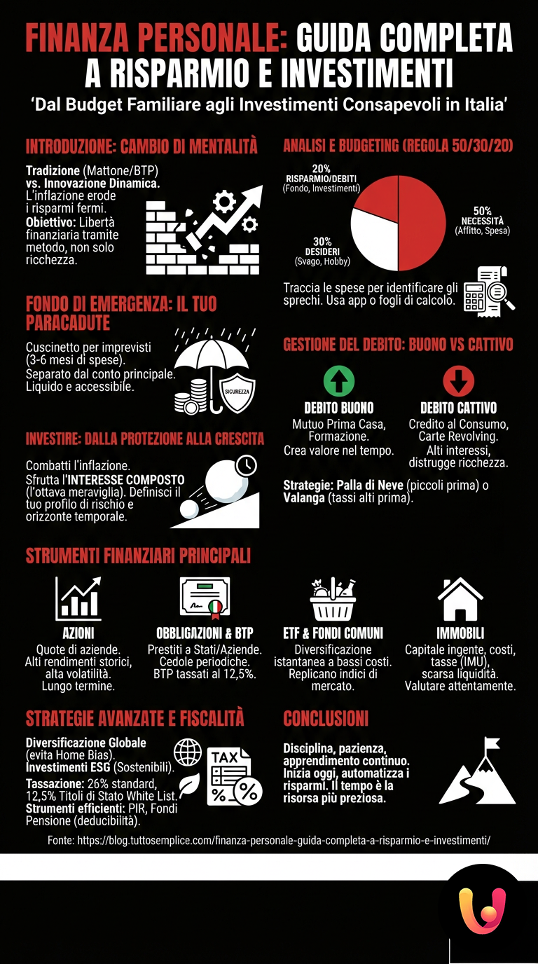Finanza Personale: Guida Completa a Risparmio e Investimenti - Infografica riassuntiva