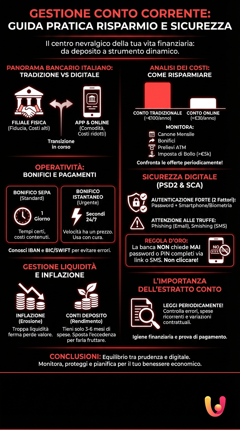 Gestione Conto Corrente: Guida Pratica per Risparmiare e Sicurezza - Infografica riassuntiva