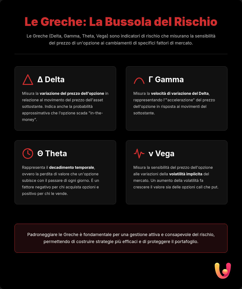 Options Greeks: A Guide to Delta, Gamma, Theta, and Vega - Summary Infographic