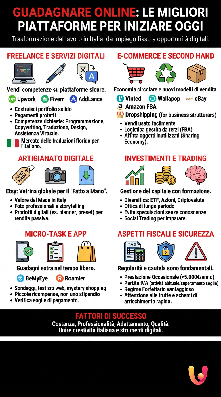 Guadagnare Online: Le Migliori Piattaforme per Iniziare Oggi - Infografica riassuntiva