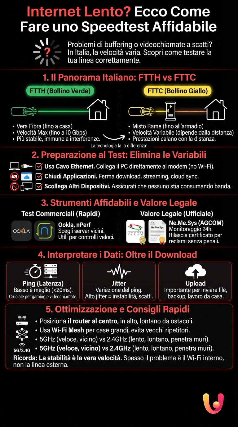 Internet Lento? Ecco Come Fare uno Speedtest Affidabile - Infografica riassuntiva