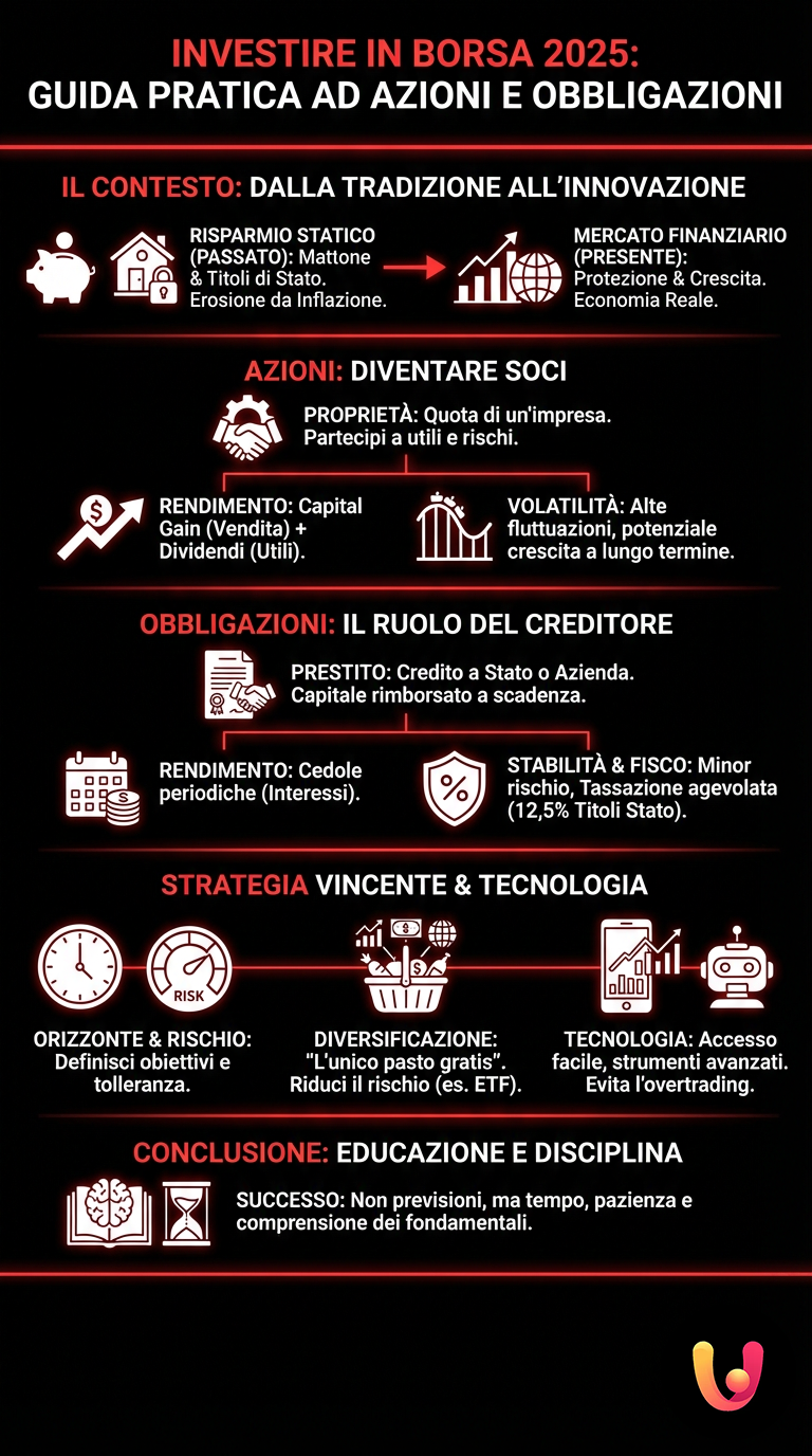 Investire in Borsa 2025: Guida Pratica ad Azioni e Obbligazioni - Infografica riassuntiva