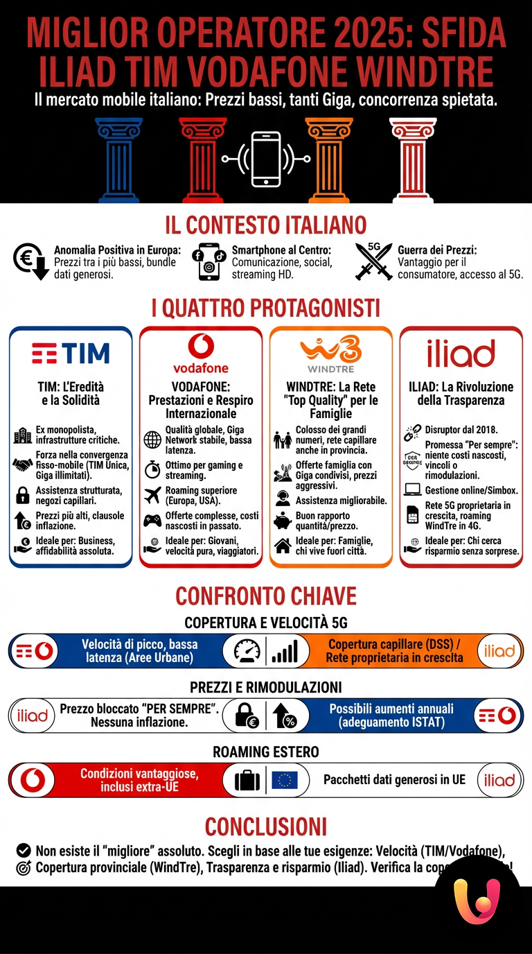 Miglior Operatore 2025: Sfida Iliad TIM Vodafone WindTre - Infografica riassuntiva