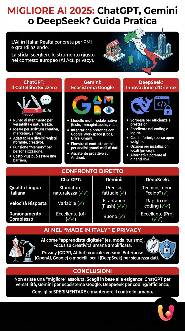 Migliore AI 2025: ChatGPT, Gemini o DeepSeek? Guida Pratica - Infografica riassuntiva