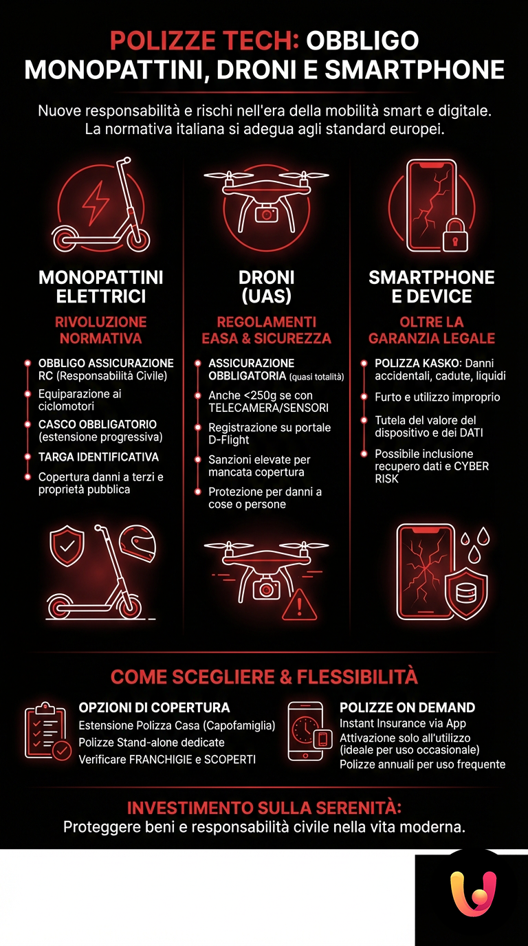 Polizze Tech: Obbligo Monopattini, Droni e Smartphone - Infografica riassuntiva
