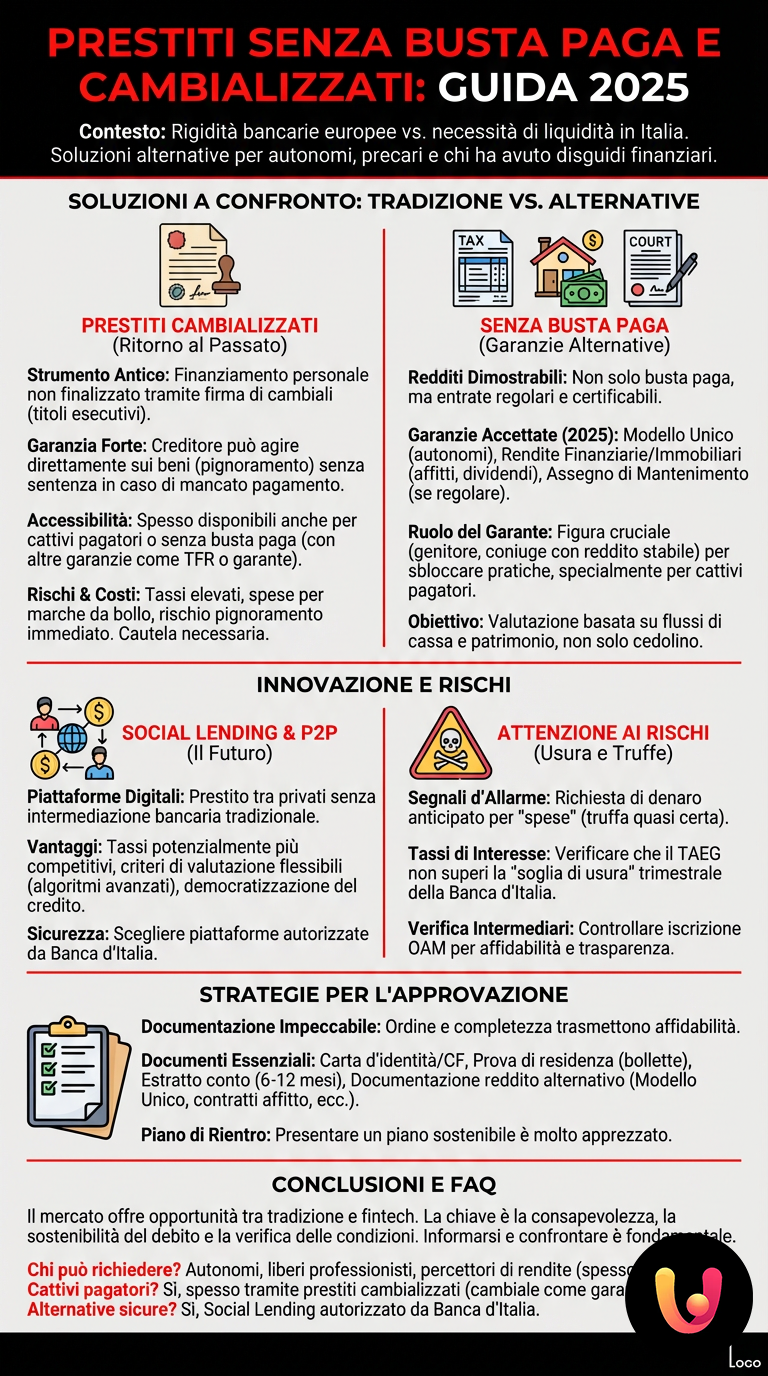 Prestiti Senza Busta Paga e Cambializzati: Guida 2025 - Infografica riassuntiva