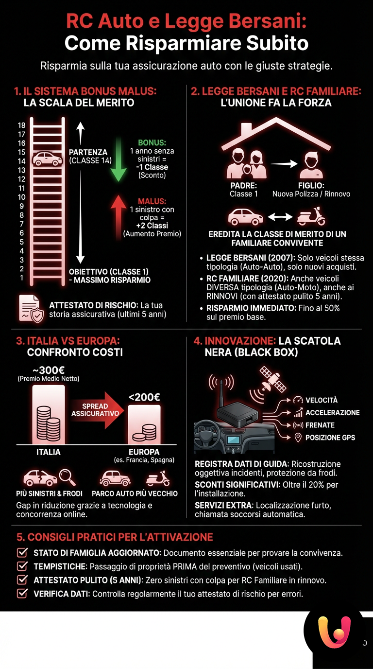 RC Auto e Legge Bersani: Come Risparmiare Subito - Infografica riassuntiva