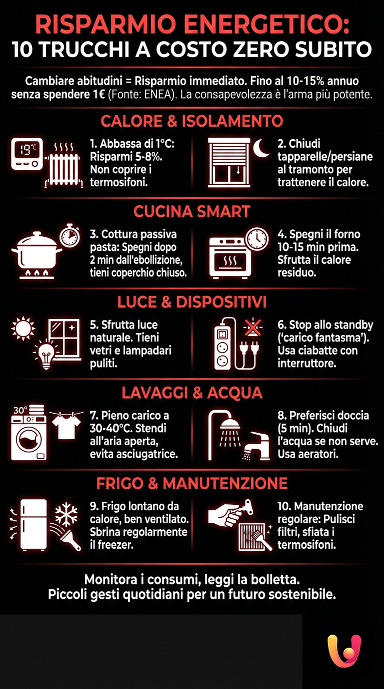 Risparmio Energetico: 10 Trucchi a Costo Zero Subito - Infografica riassuntiva