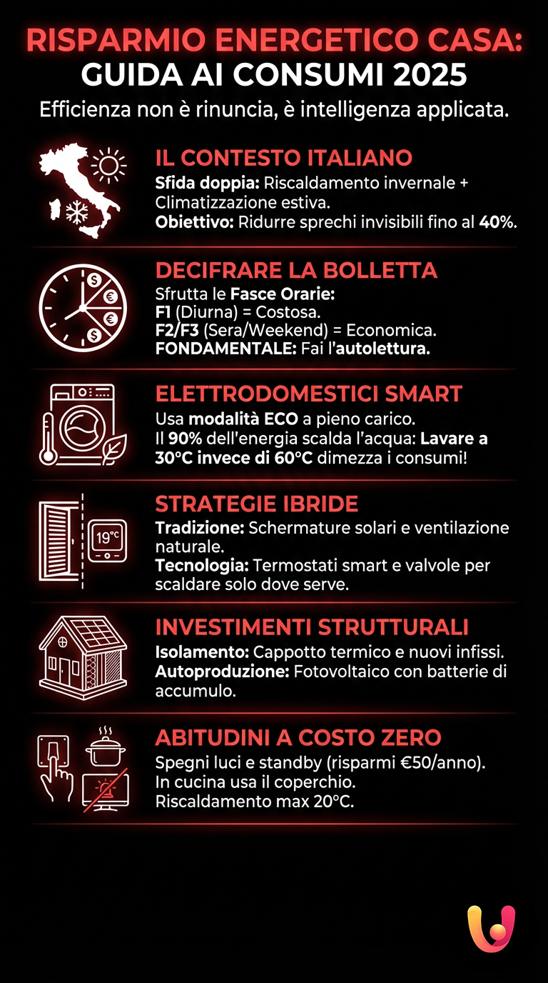 Risparmio Energetico Casa: Guida ai Consumi 2025 - Infografica riassuntiva