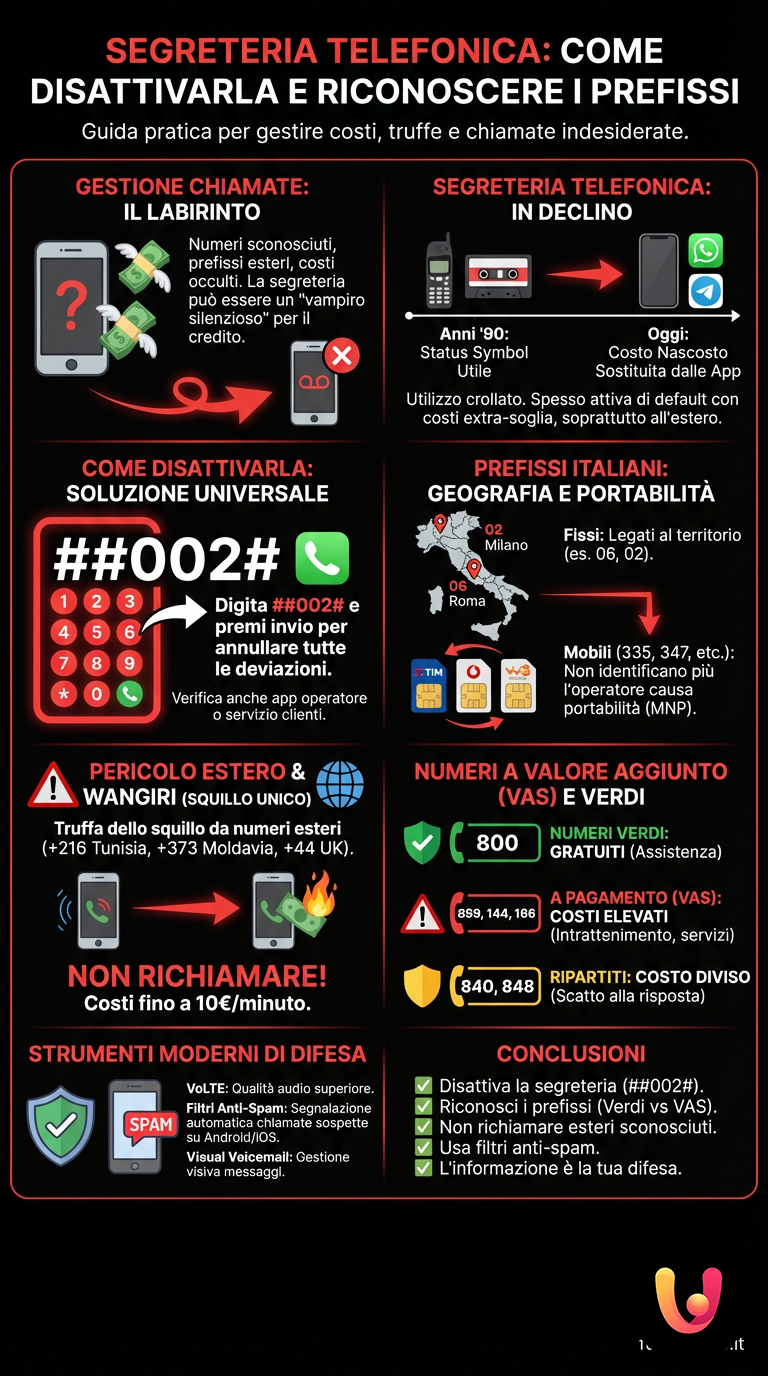 Segreteria Telefonica: Come Disattivarla e Riconoscere i Prefissi - Infografica riassuntiva