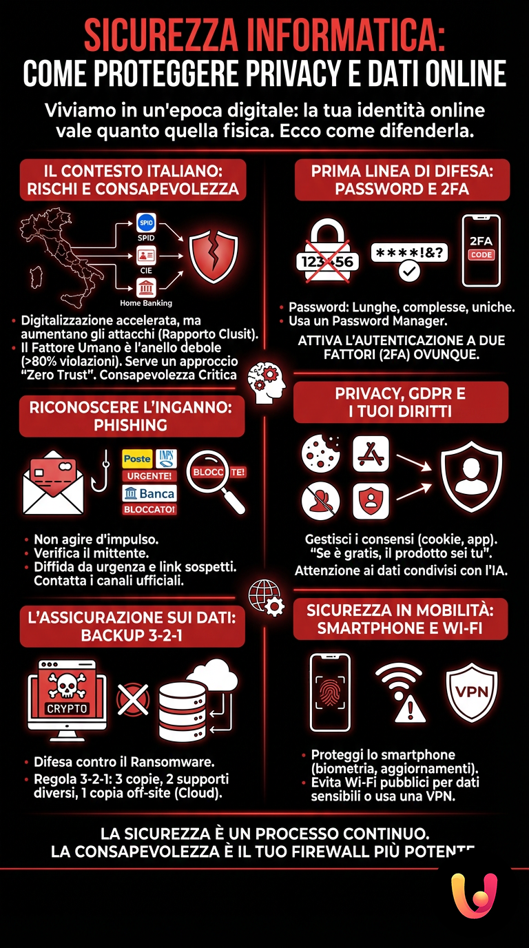 Sicurezza Informatica: Come Proteggere Privacy e Dati Online - Infografica riassuntiva