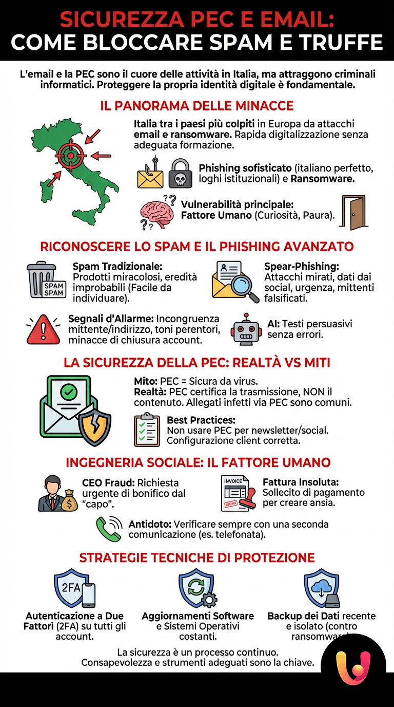 Sicurezza PEC e Email: Come Bloccare Spam e Truffe - Infografica riassuntiva