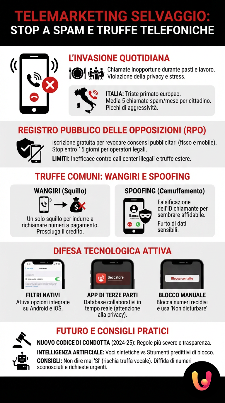 Telemarketing Selvaggio: Stop a Spam e Truffe Telefoniche - Infografica riassuntiva