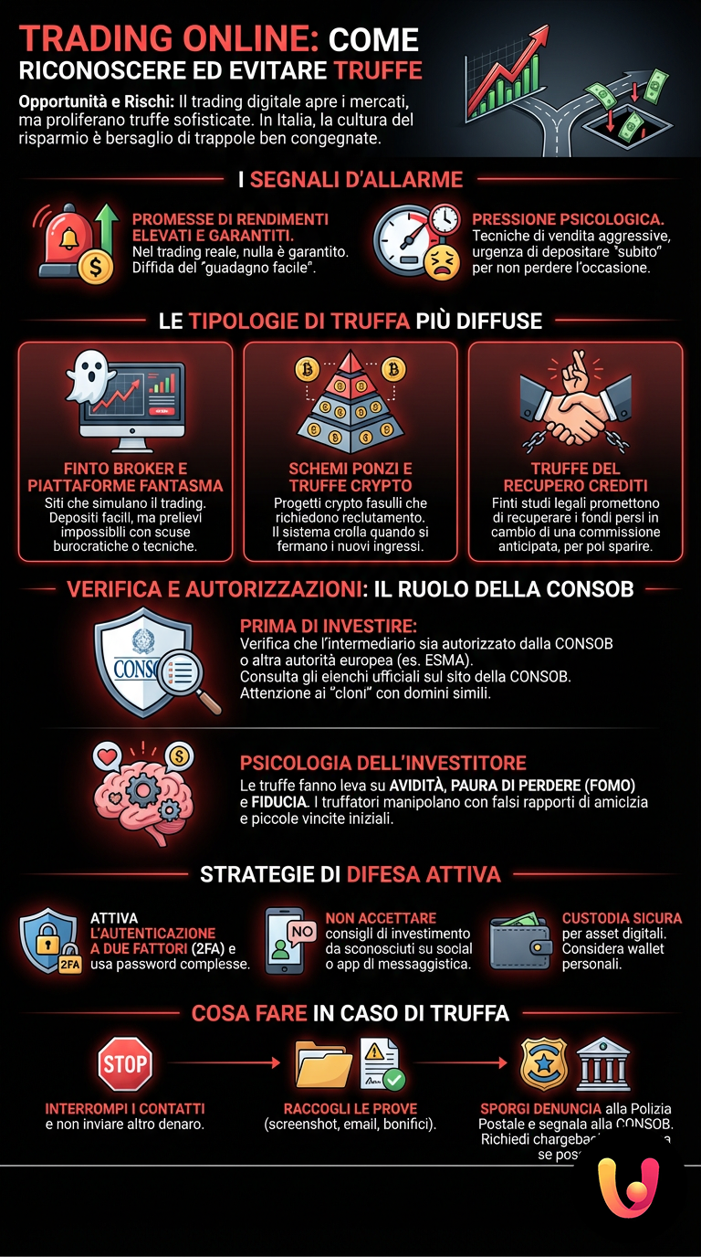 Trading Online: Come Riconoscere ed Evitare Truffe - Infografica riassuntiva