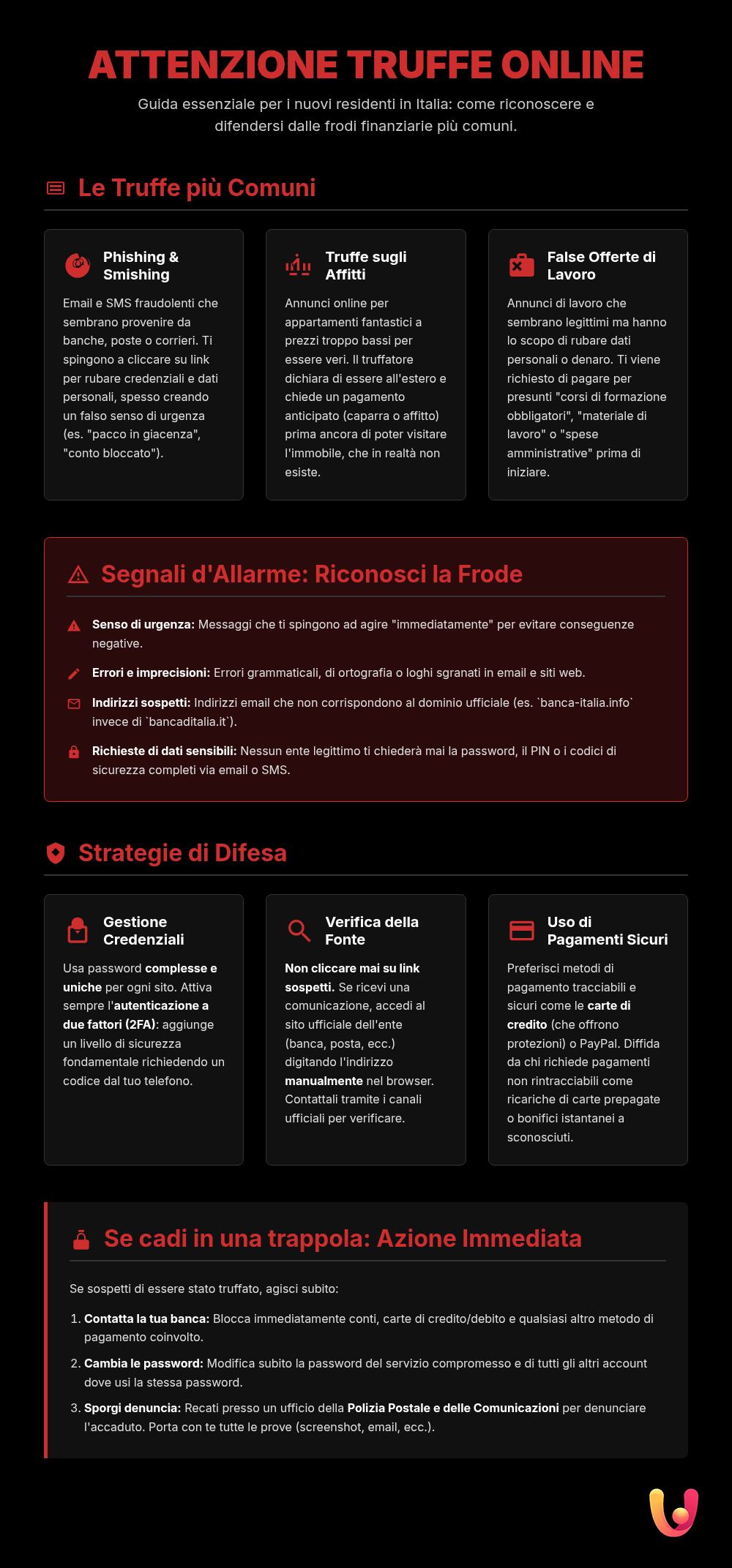 Online scams: a safety guide for new residents - Summary infographic