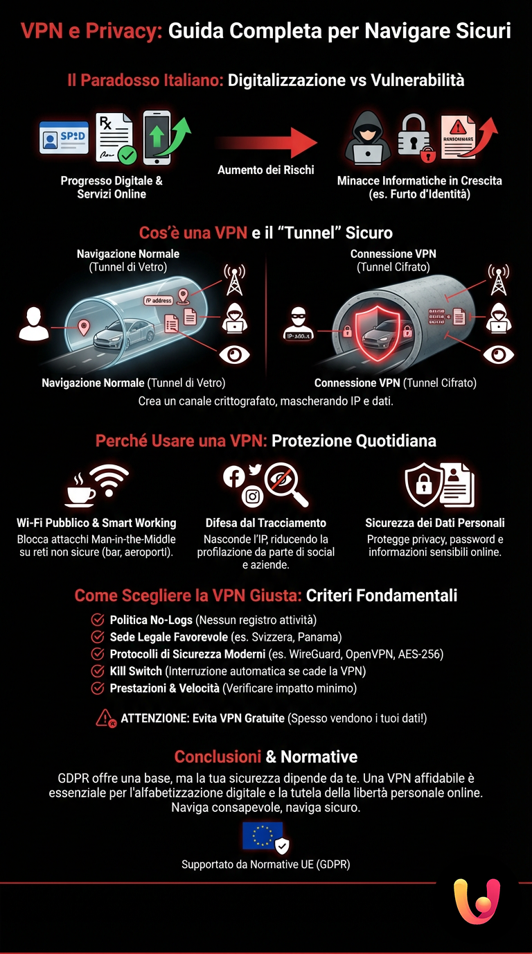 VPN e Privacy: Guida Completa per Navigare Sicuri - Infografica riassuntiva