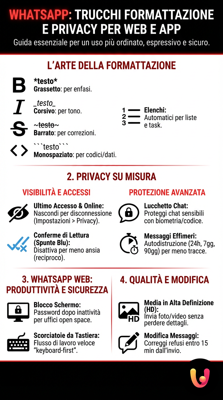 WhatsApp: Trucchi Formattazione e Privacy per Web e App - Infografica riassuntiva