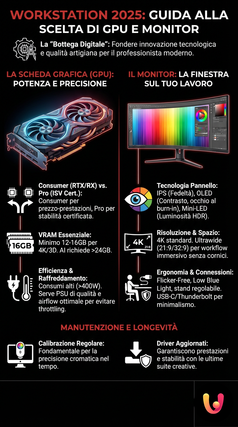 Workstation 2025: Guida alla Scelta di GPU e Monitor - Infografica riassuntiva