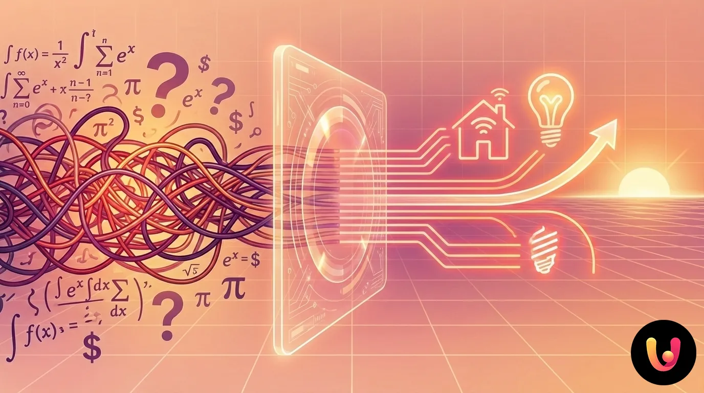 Grafica digitale che rappresenta la semplificazione di informazioni complesse su finanza e utenze: fili aggrovigliati e formule diventano linee ordinate e icone di casa e luce.
