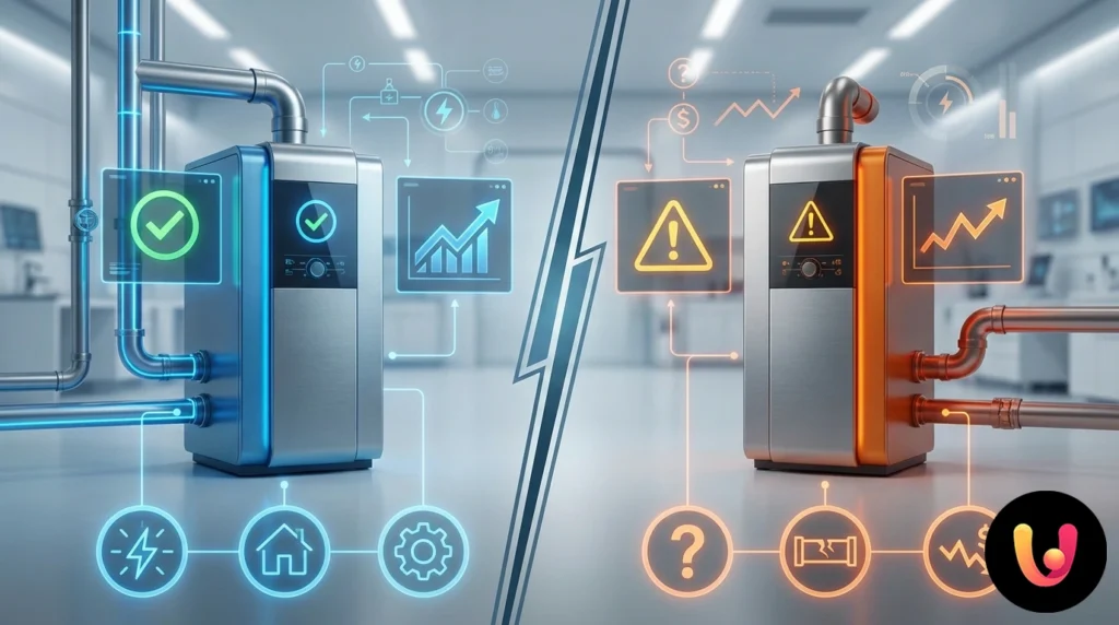 Hydrogen-Ready-Heizkessel: Sichere Investition oder Risiko? Moderner wandhängender Hydrogen-Ready-Brennwertkessel in einem häuslichen Technikraum installiert