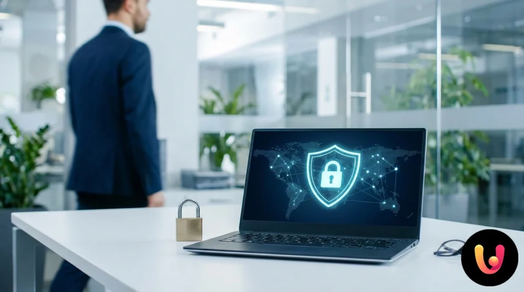 Lacăt digital verde care protejează datele de pe un laptop în timpul navigării criptate