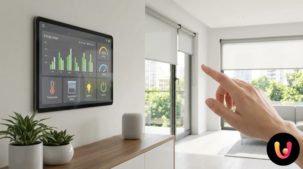 Utilizador a ajustar um termóstato inteligente digital que exibe estatísticas de consumo de energia reduzido