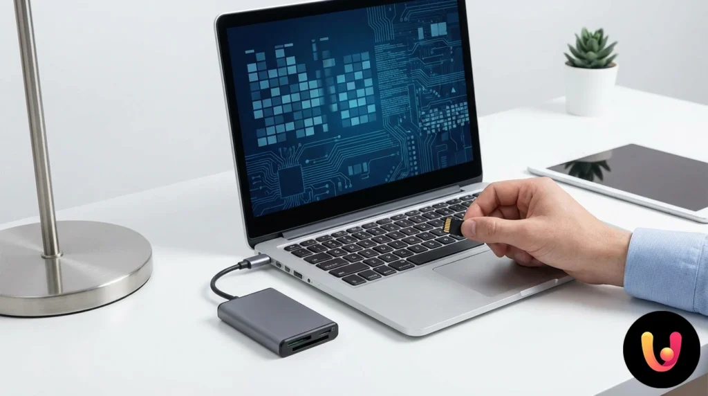 Micro sd card inserted in a reader connected to a laptop with disk analysis graph visible on screen