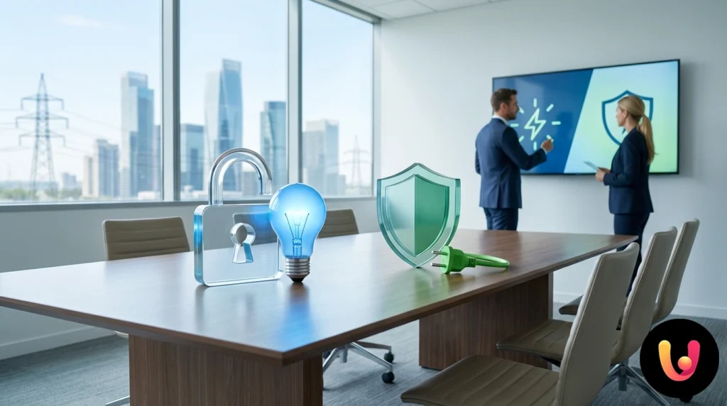 Hände, die auf einem Taschenrechner tippen, der auf einer Stromrechnung liegt