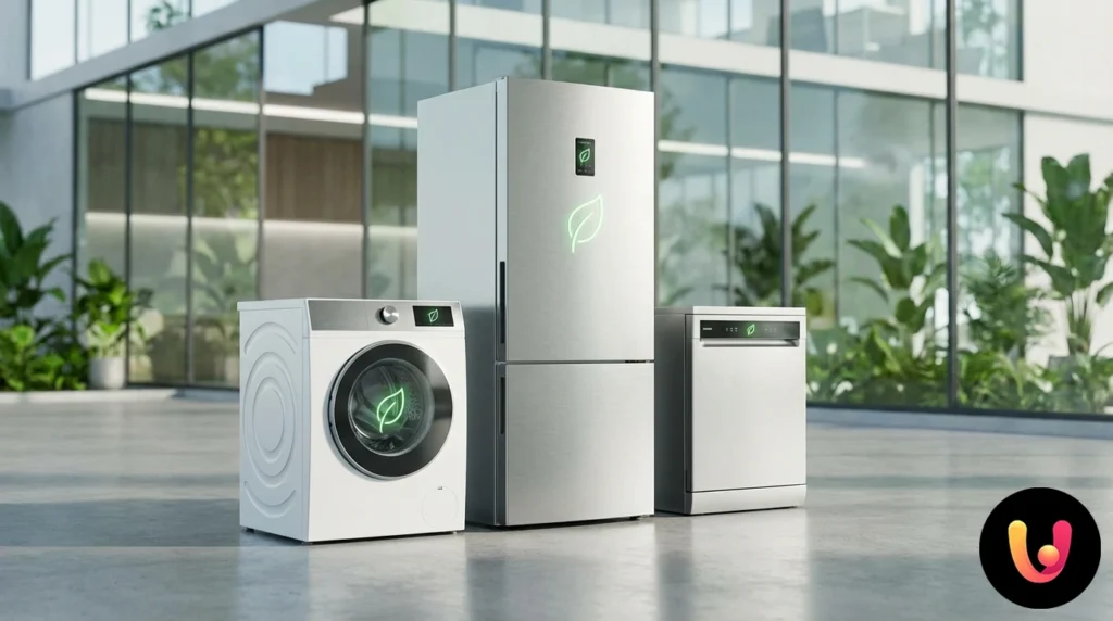 Frigider modern cu etichetă energetică UE care evidențiază clasa A în verde închis