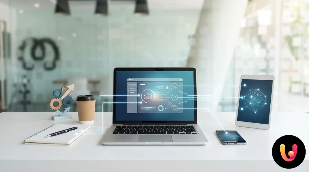 Au-delà du Prompt : Workflows Automatisés avec ChatGPT Schéma de flux reliant l'icône de chatgpt aux bases de données d'entreprise via des connecteurs api automatisés