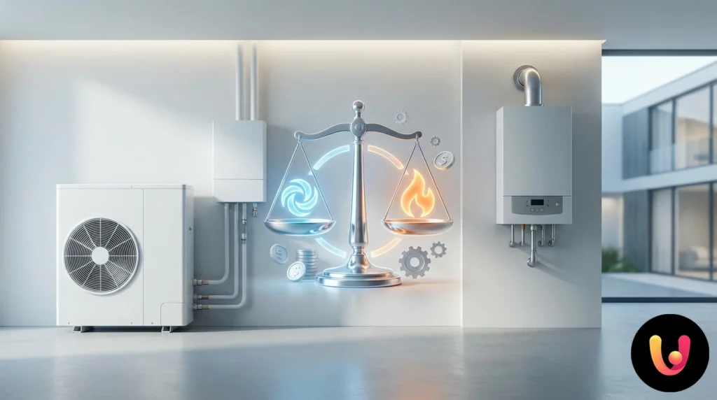 Pompă de Căldură vs Centrală Termică: Ce Convine în 2025? Unitate externă a unei pompe de căldură alături de o centrală murală modernă în condensație