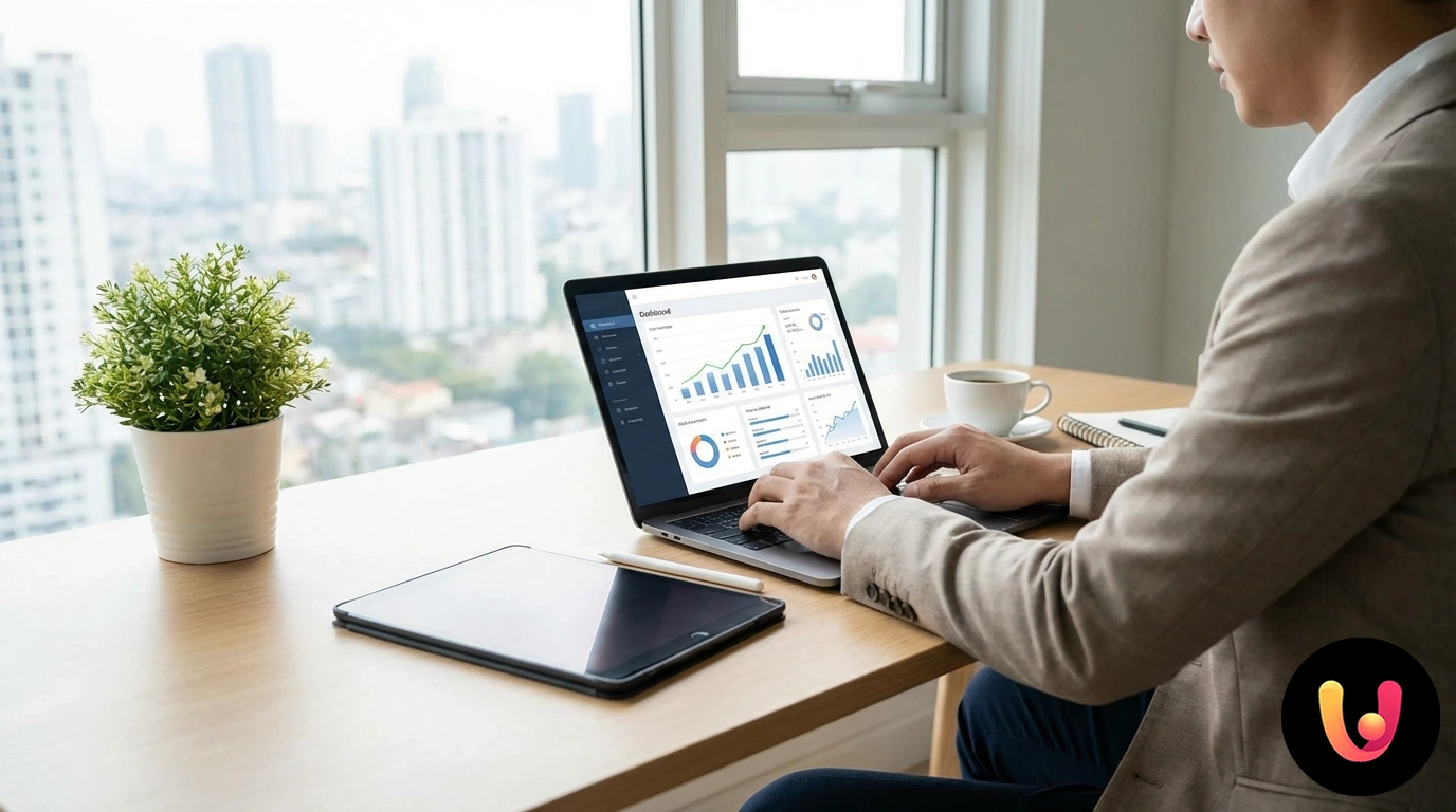 Profissional analisa gráficos de crescimento financeiro num computador portátil num escritório luminoso