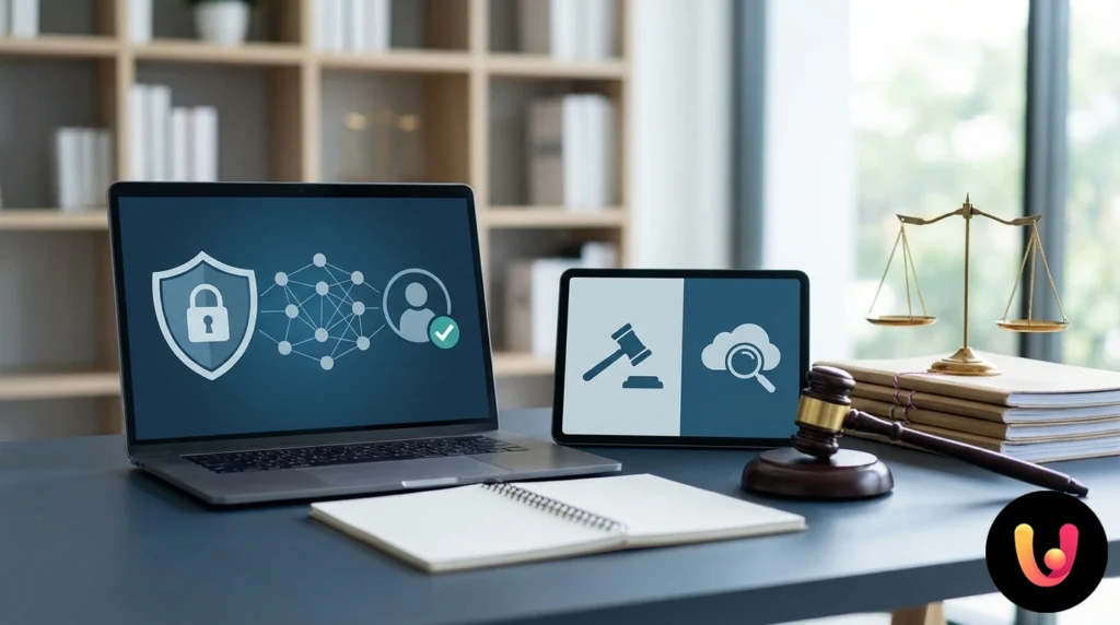 Protecția Juridică și Reputația Web: Polița Indispensabilă Ciocan de judecător așezat pe un laptop cu pictograma unui lacăt digital pe ecran