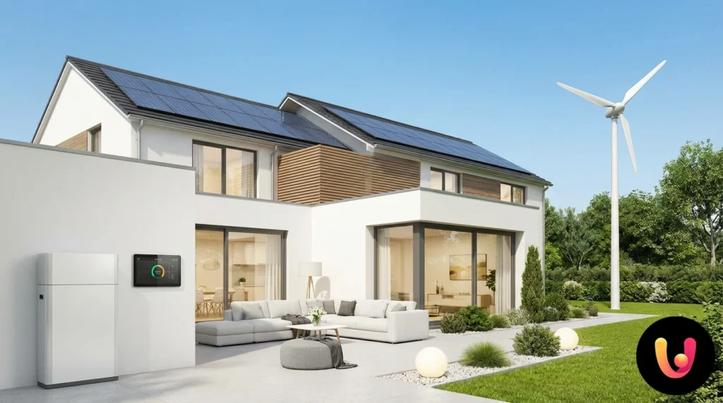 Independența Energetică a Casei: Ghid Complet 2025 Casă modernă dotată cu panouri fotovoltaice pe acoperiș și sistem de stocare cu baterii extern