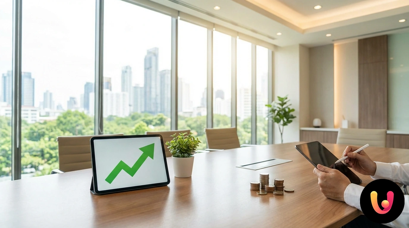 Rebento verde a crescer vigorosamente sobre uma pilha organizada de moedas