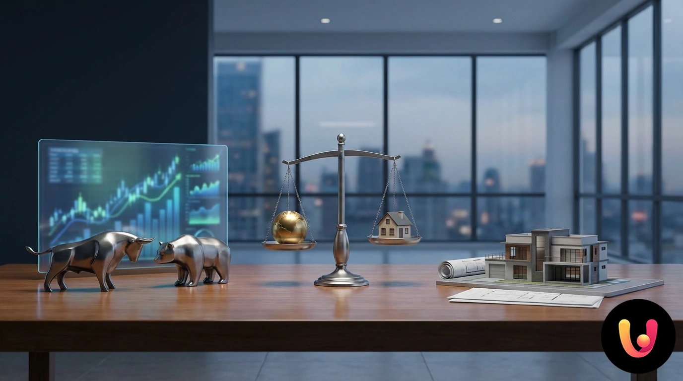 Gráficos financeiros em ascensão ao lado de um modelo de uma casa residencial numa secretária de escritório