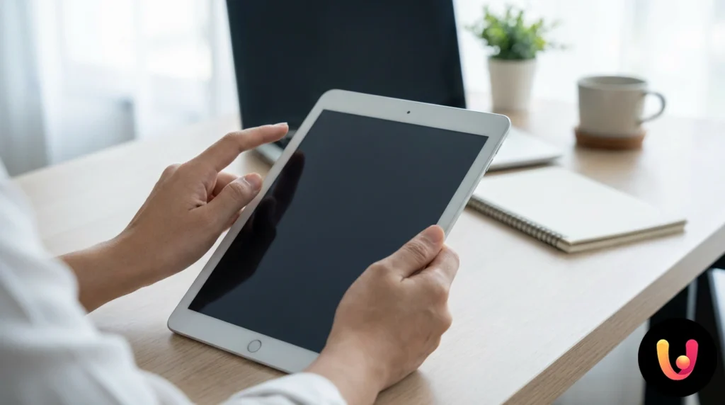 iPad bloqué ? Guide complet pour le redémarrage et l’extinction Mains appuyant simultanément sur les boutons d'alimentation et de volume latéraux d'un ipad