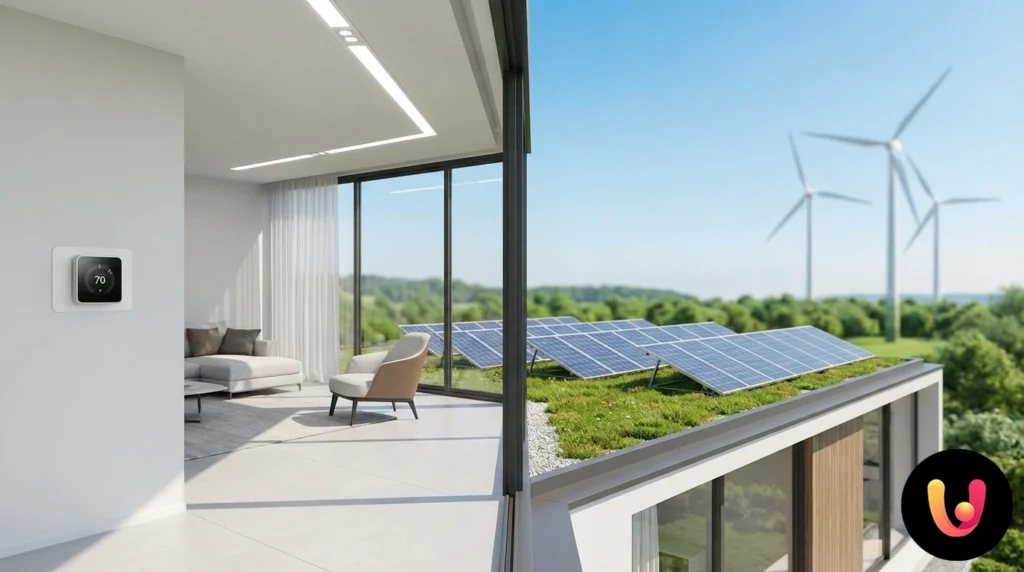 Economisirea Energiei: Ghid Practic pentru a Înjumătăți Facturile Panouri fotovoltaice instalate pe acoperișul unei locuințe moderne înconjurată de vegetație