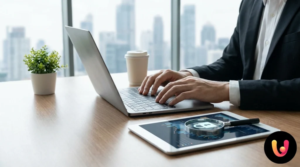 Utilisateur examinant attentivement des graphiques financiers sur un ordinateur portable pour vérifier la fiabilité de la plateforme