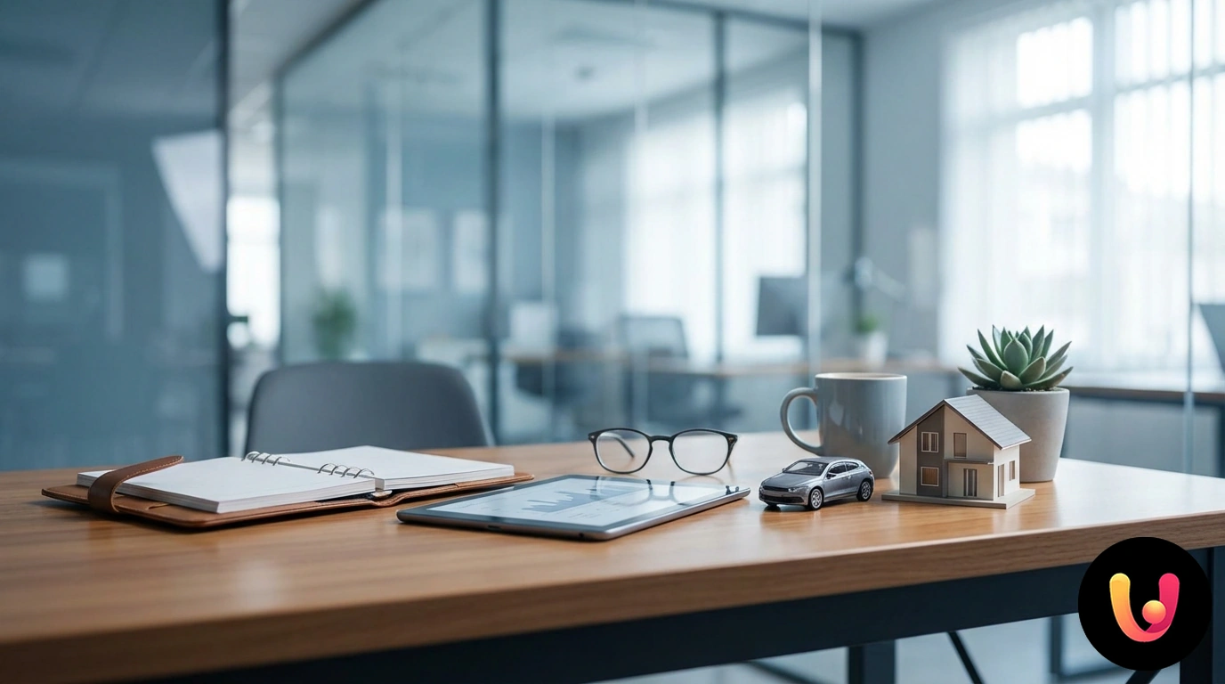 2025 digital guide with stylized icons of cars and houses protected by an insurance shield