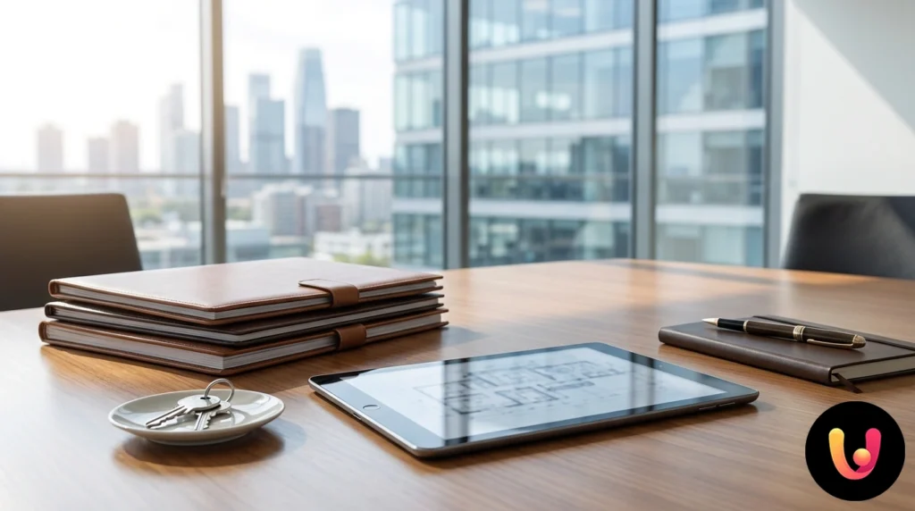 Hands signing a real estate sales contract with a pen on a tidy desk